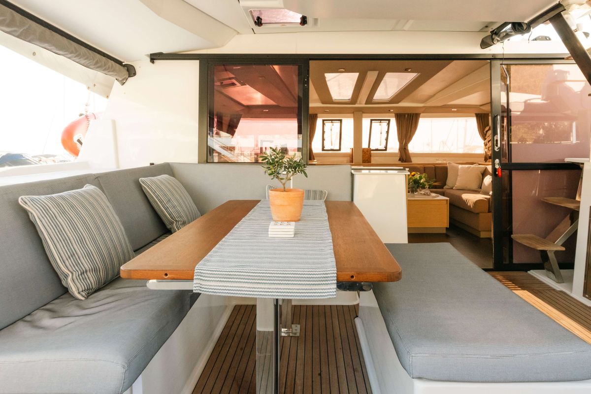 Deck of Dione, a Fountaine Pajot Tanna 47 catamaran at Municipal Unit of Lefkada, Greece