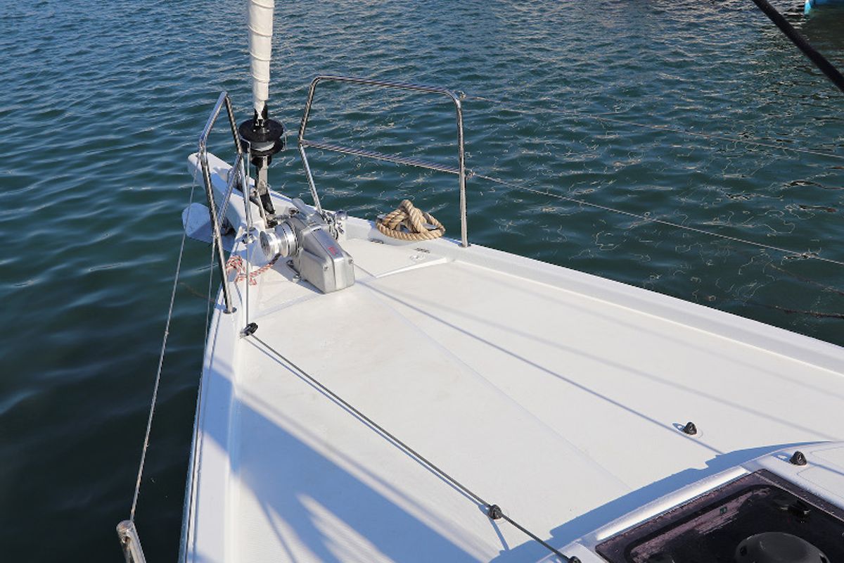 Deck of Aris, a Jeanneau Sun Odyssey 410 sailboat at Lavreotiki Municipal Unit, Greece