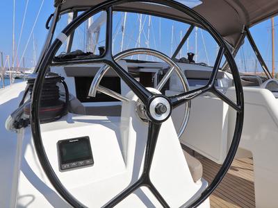 Cockpit of Aris, a Jeanneau Sun Odyssey 410 sailboat at Lavreotiki Municipal Unit, Greece