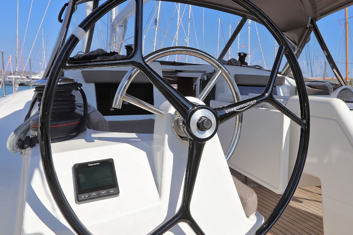 Cockpit of Aris, a Jeanneau Sun Odyssey 410 sailboat at Lavreotiki Municipal Unit, Greece