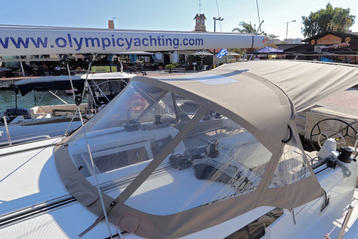 Deck of Aris, a Jeanneau Sun Odyssey 410 sailboat at Lavreotiki Municipal Unit, Greece
