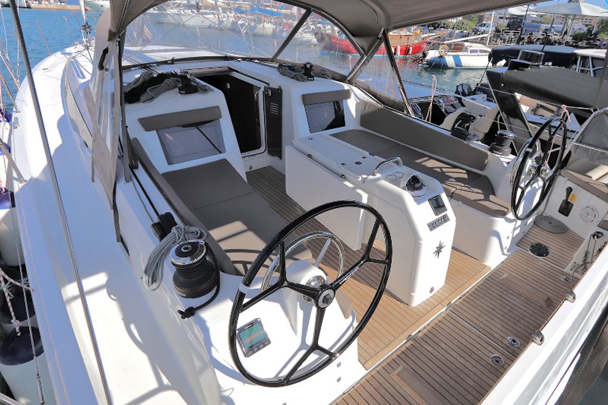 Cockpit of Aris, a Jeanneau Sun Odyssey 410 sailboat at Lavreotiki Municipal Unit, Greece