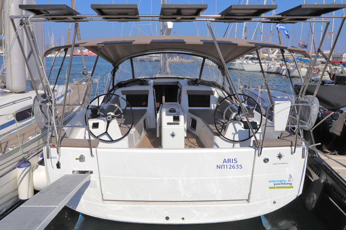 Exterior view of Aris, a Jeanneau Sun Odyssey 410 sailboat at Lavreotiki Municipal Unit, Greece