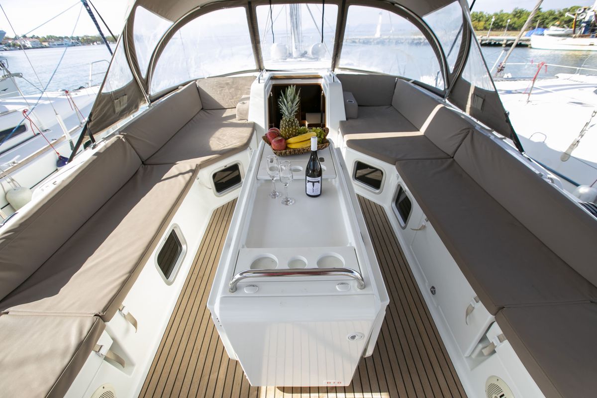 Deck of Amazing Elli, a Jeanneau 54 sailboat at Volos Municipality, Greece