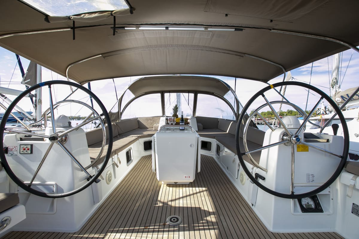 Cockpit of Amazing Elli, a Jeanneau 54 sailboat at Volos Municipality, Greece