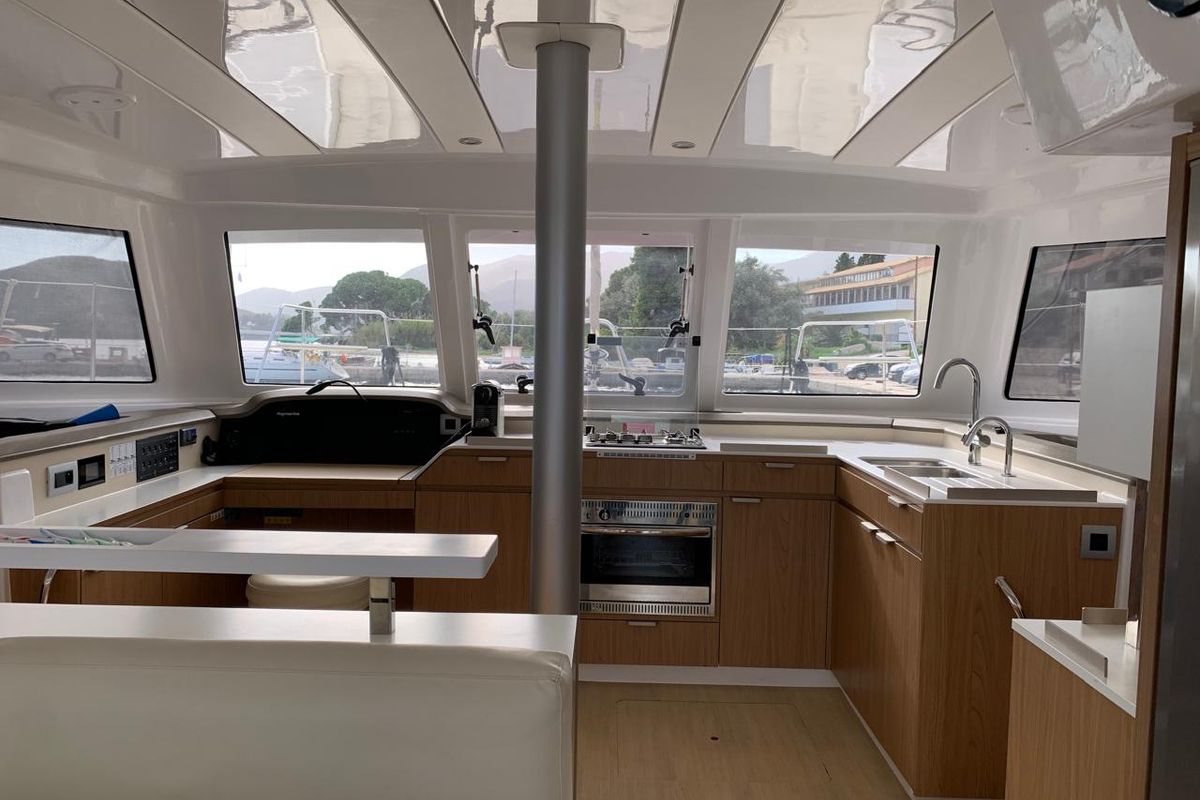 Galley of Danae, a Bali Catspace catamaran at Municipal Unit of Ellomenos, Greece