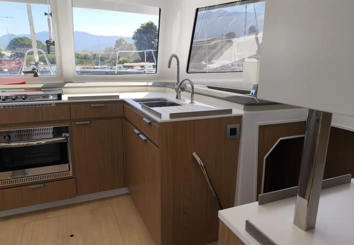 Galley of Danae, a Bali Catspace catamaran at Municipal Unit of Ellomenos, Greece