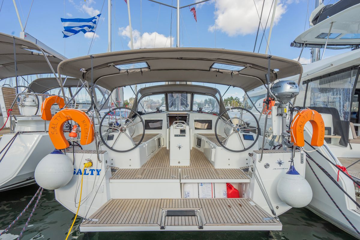 Cockpit of Salty, a Jeanneau Sun Odyssey 410 sailboat at Municipal Unit of Nea Peramos, Greece