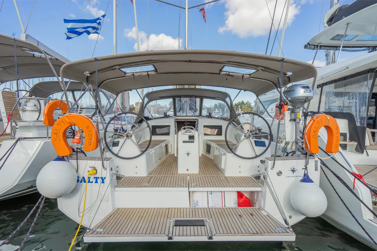 Exterior view of Salty, a Jeanneau Sun Odyssey 410 sailboat at Municipal Unit of Nea Peramos, Greece