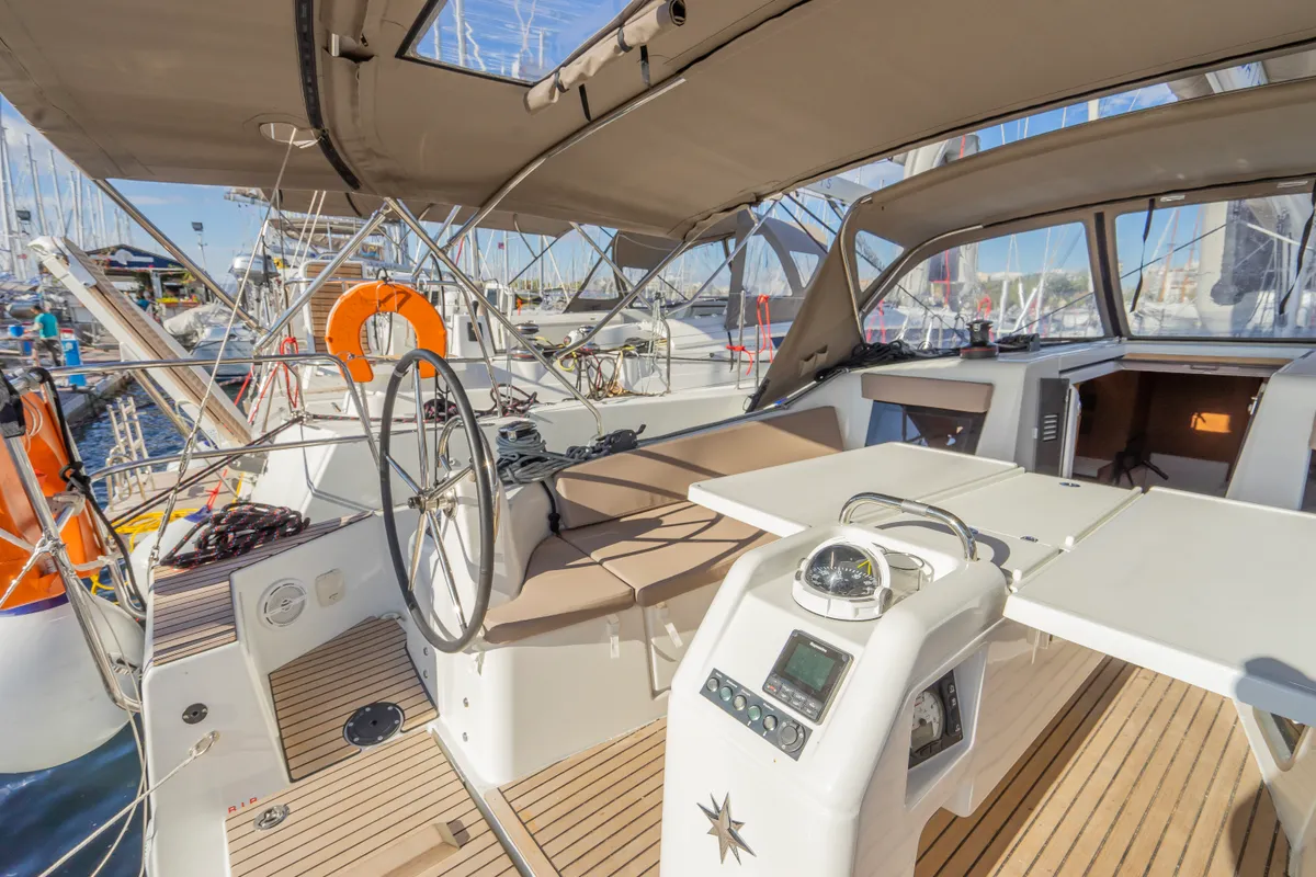 Cockpit of Salty, a Jeanneau Sun Odyssey 410 sailboat at Municipal Unit of Nea Peramos, Greece