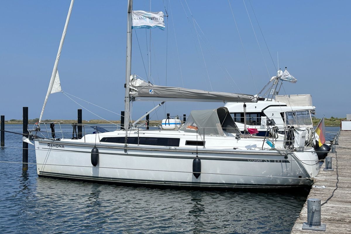 Exterior view of Ramona, a Bavaria Cruiser 33 sailboat at Heiligenhafen, Germany
