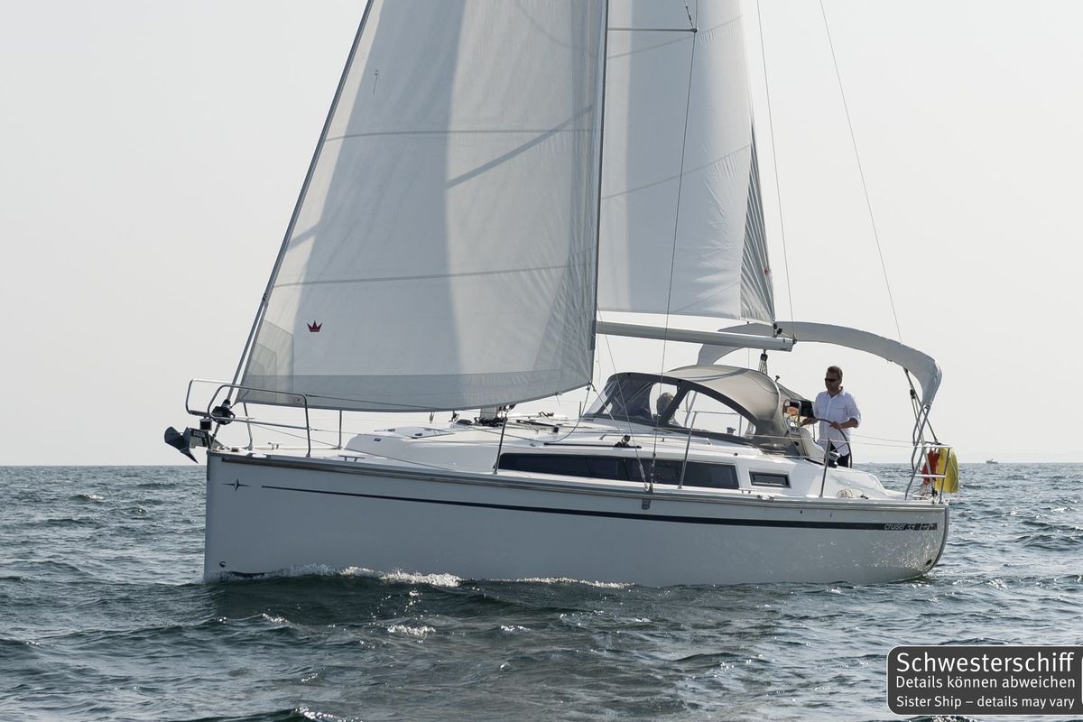 Exterior view of Ramona, a Bavaria Cruiser 33 sailboat at Heiligenhafen, Germany
