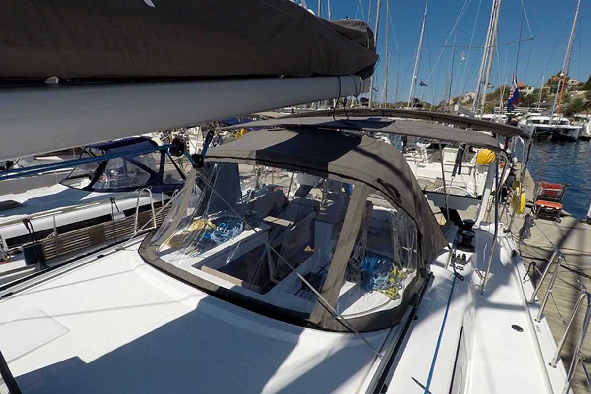Deck of Dama, a Dufour 44 sailboat at Grad Šibenik, Croatia