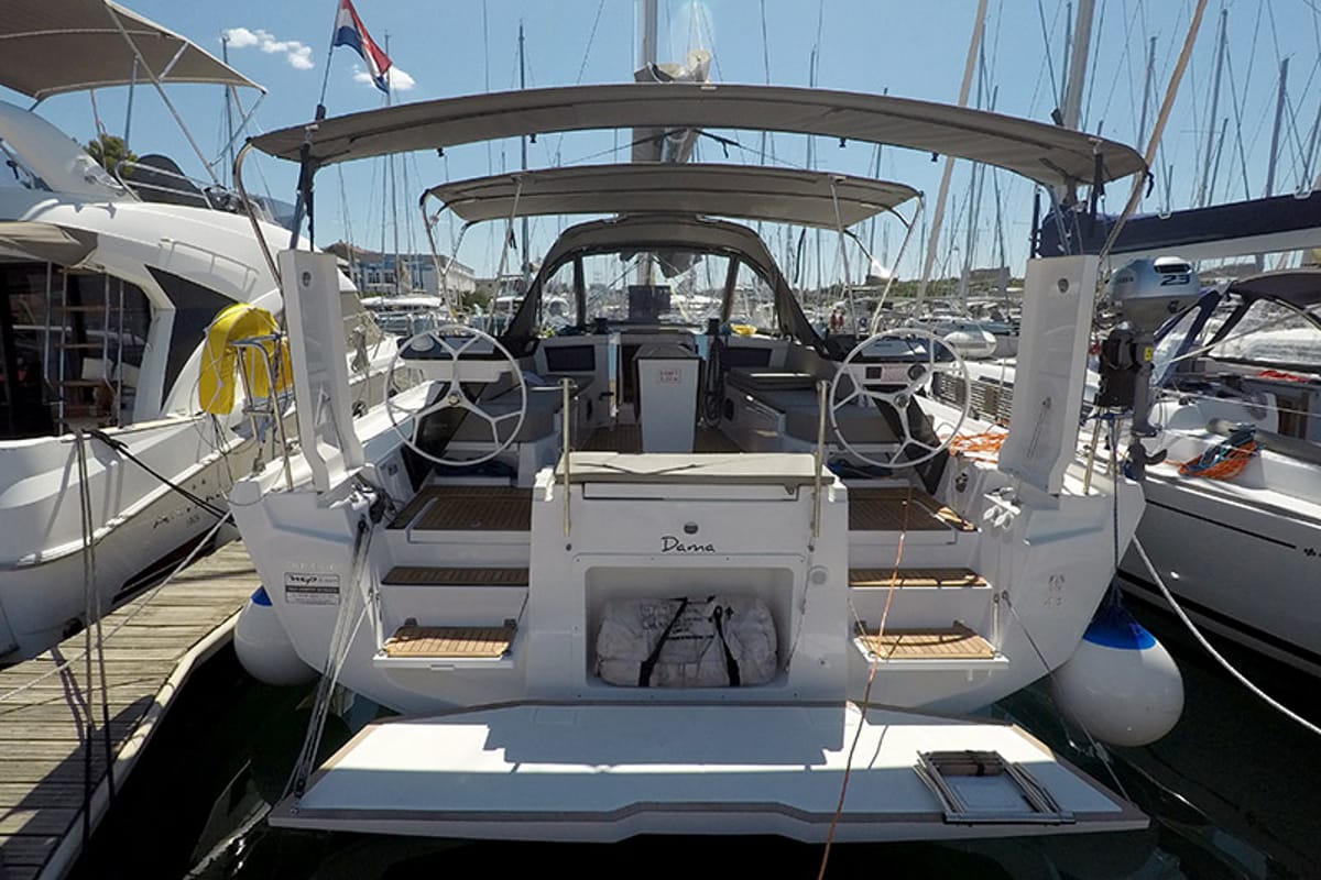 Exterior view of Dama, a Dufour 44 sailboat at Grad Šibenik, Croatia