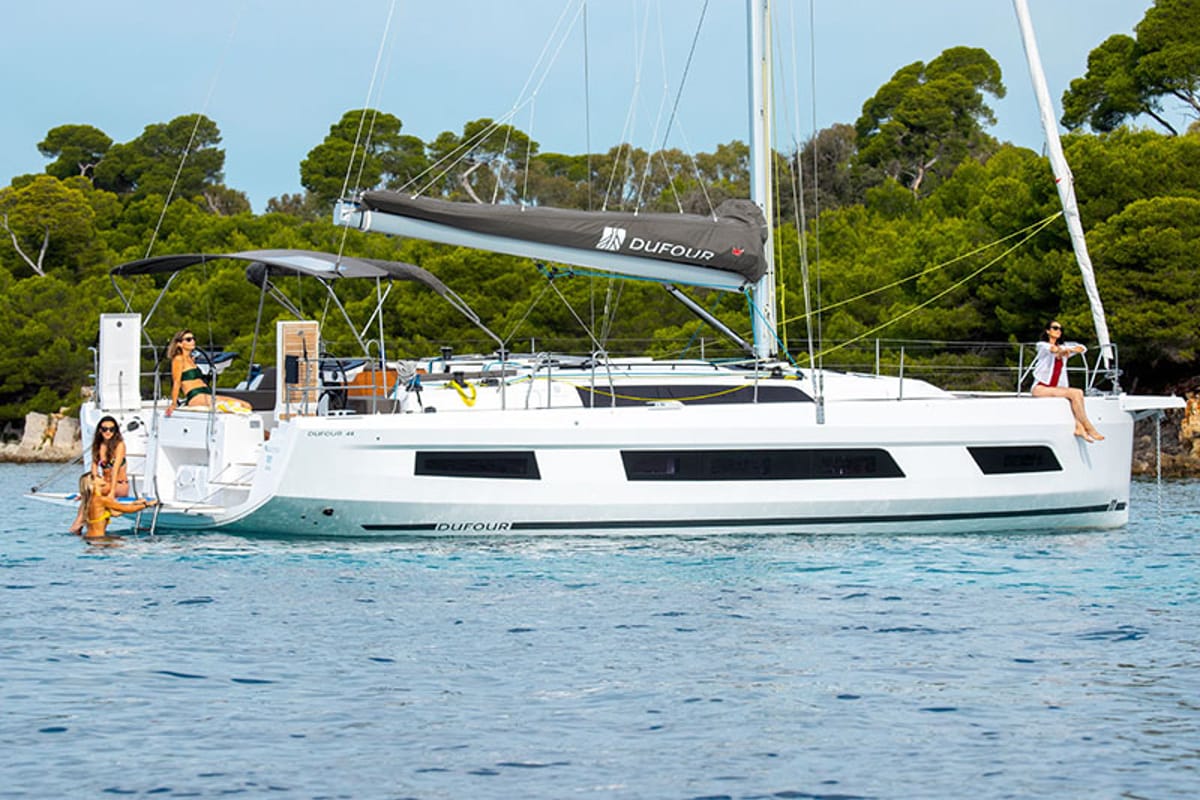 Exterior view of Dama, a Dufour 44 sailboat at Grad Šibenik, Croatia
