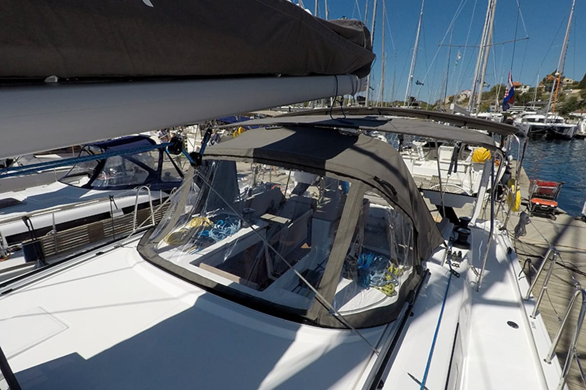 Deck of Dama, a Dufour 44 sailboat at Grad Šibenik, Croatia