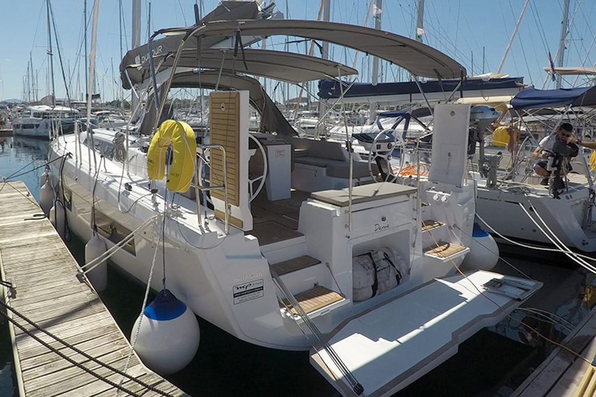 Exterior view of Dama, a Dufour 44 sailboat at Grad Šibenik, Croatia