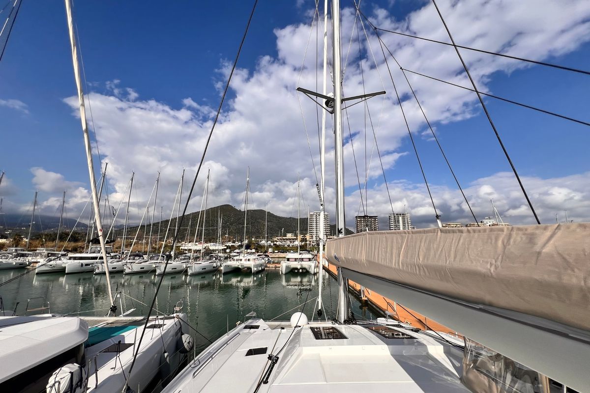 Deck of Nami, a Fountaine Pajot Elba 45 catamaran at Salerno, Italy