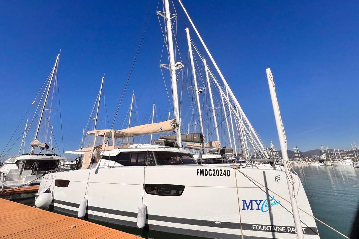 Exterior view of Nami, a Fountaine Pajot Elba 45 catamaran at Salerno, Italy