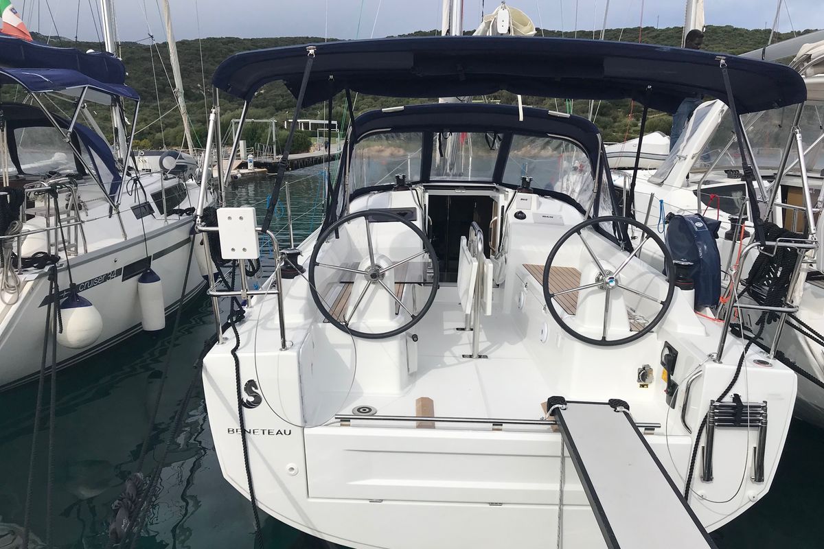 Cockpit of Mimosa, a Beneteau Oceanis 30.1 sailboat at Olbia, Italy