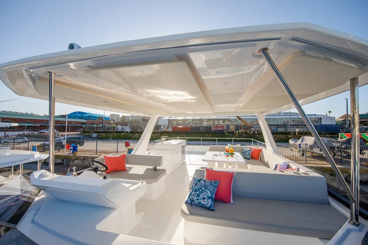 Deck of Moorings 534 PC Club, a Leopard 53 PC catamaran at Road Town, British Virgin Islands