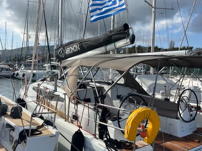 Deck of Albion, a Jeanneau Sun Odyssey 380 sailboat at Kos, Greece