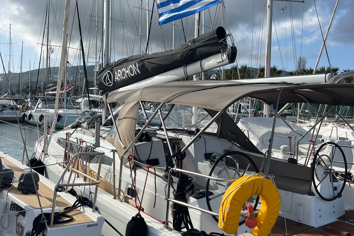 Deck of Albion, a Jeanneau Sun Odyssey 380 sailboat at Kos, Greece