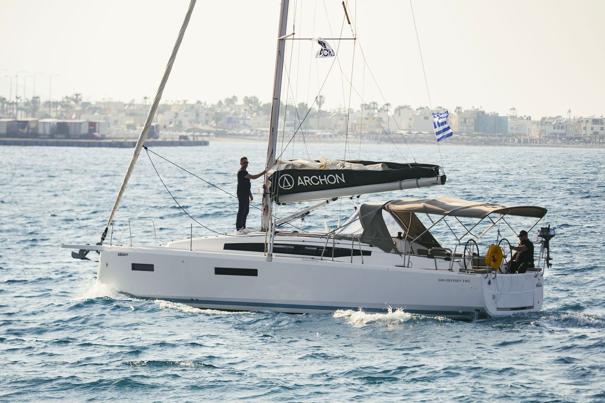 Exterior view of Albion, a Jeanneau Sun Odyssey 380 sailboat at Kos, Greece