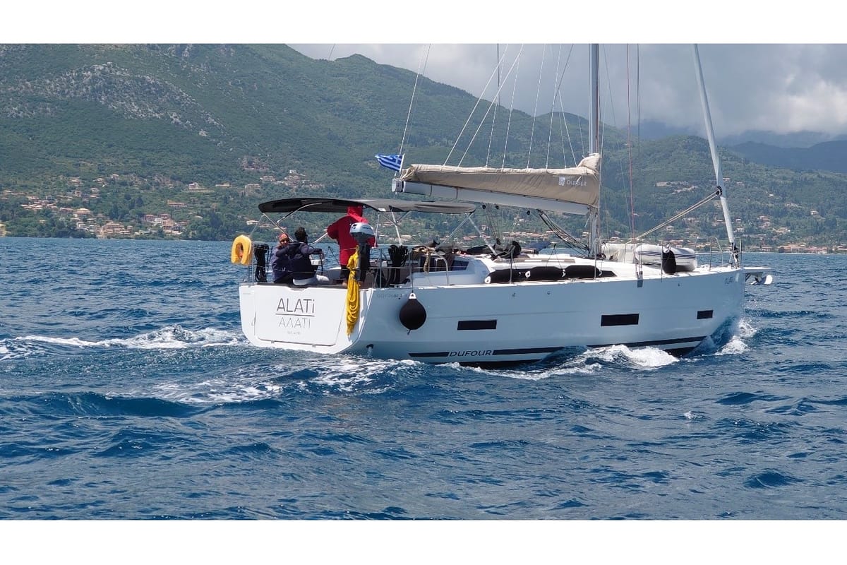 Exterior view of Alati, a Dufour 390 Grand Large sailboat at Municipal Unit of Lefkada, Greece