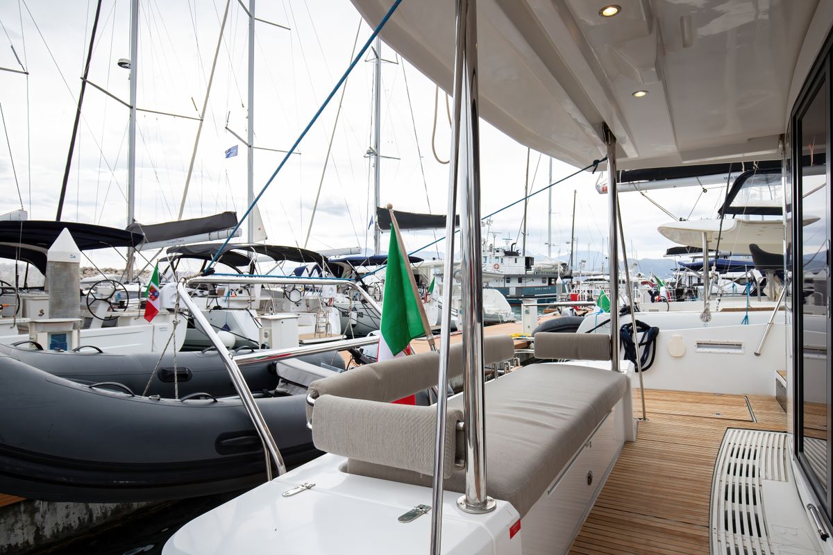 Deck of Peppina - Standard Line, a Bali 4.2 catamaran at Salerno, Italy