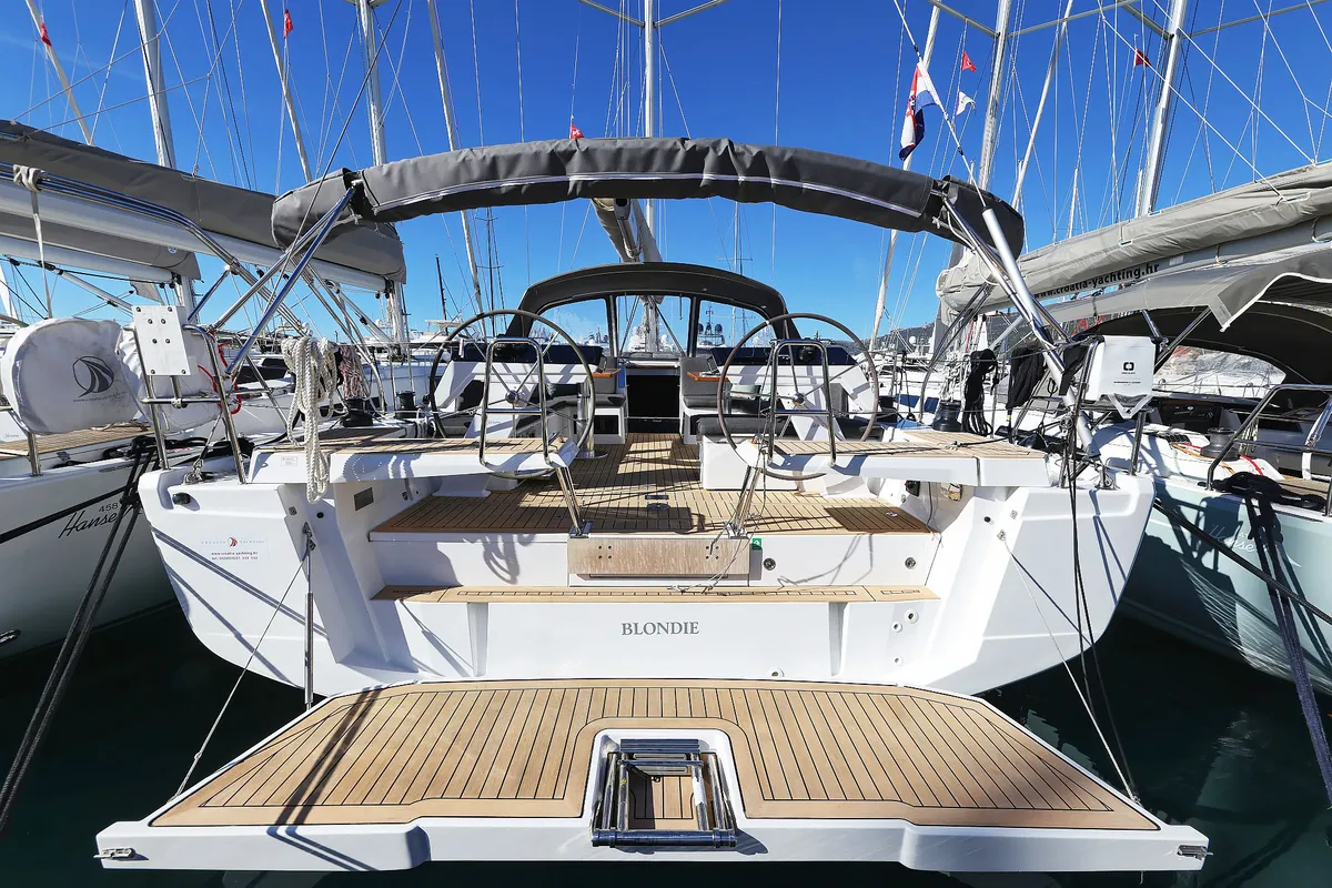 Exterior view of Blondie - Ow, a Hanse Yachts Hanse 460 sailboat at Grad Kaštela, Croatia