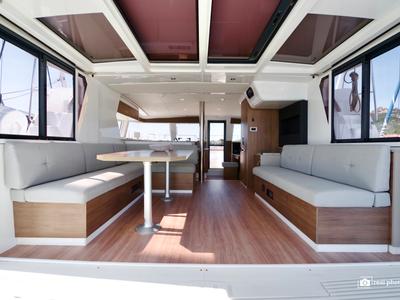 Salon of Orsa 1, a Bali 4.2 catamaran at Cannigione, Italy
