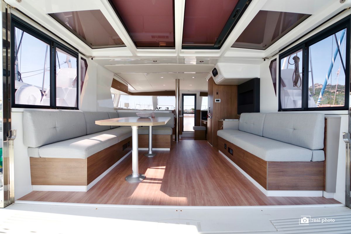Salon of Orsa 1, a Bali 4.2 catamaran at Cannigione, Italy