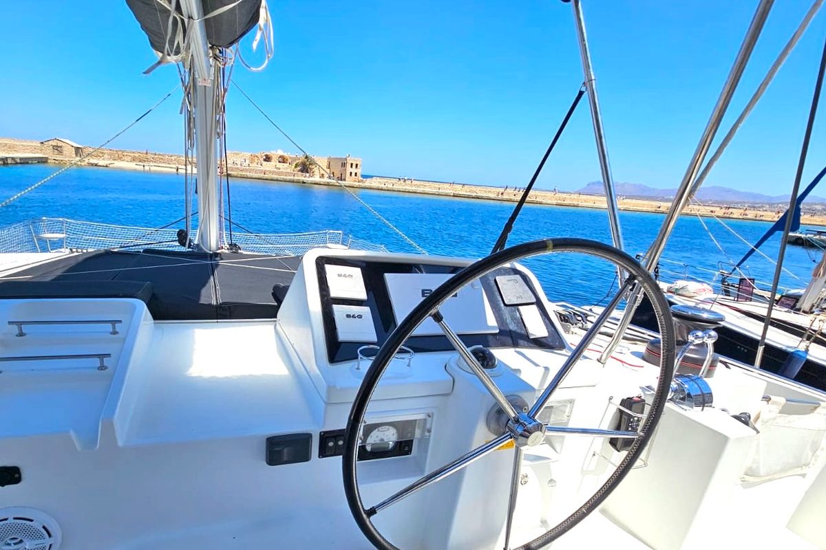 Cockpit of EmoSEAon, a Lagoon 450 F catamaran at Municipal Unit of Lefkada, Greece