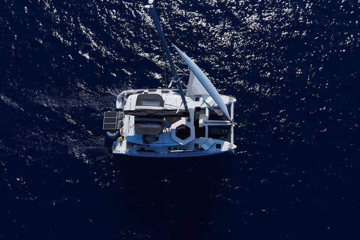 Exterior view of EmoSEAon, a Lagoon 450 F catamaran at Municipal Unit of Lefkada, Greece