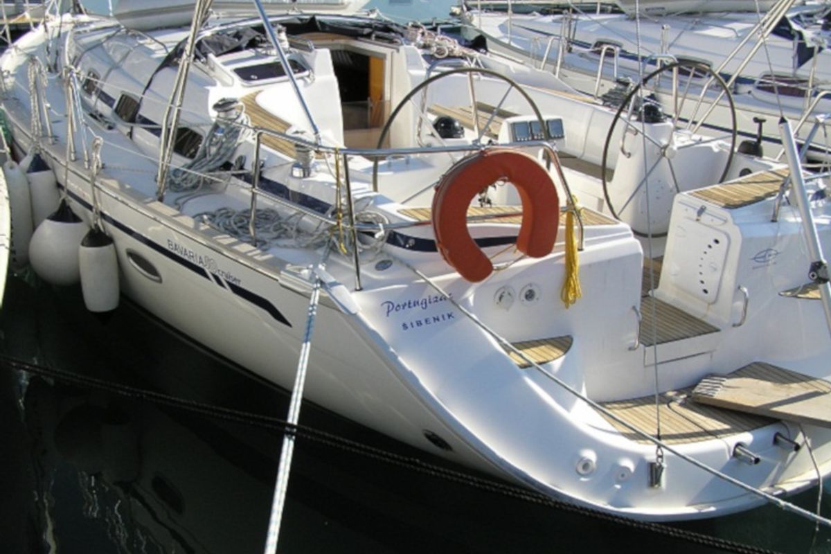 Exterior view of Portugizac, a Bavaria 50 sailboat at Grad Trogir, Croatia