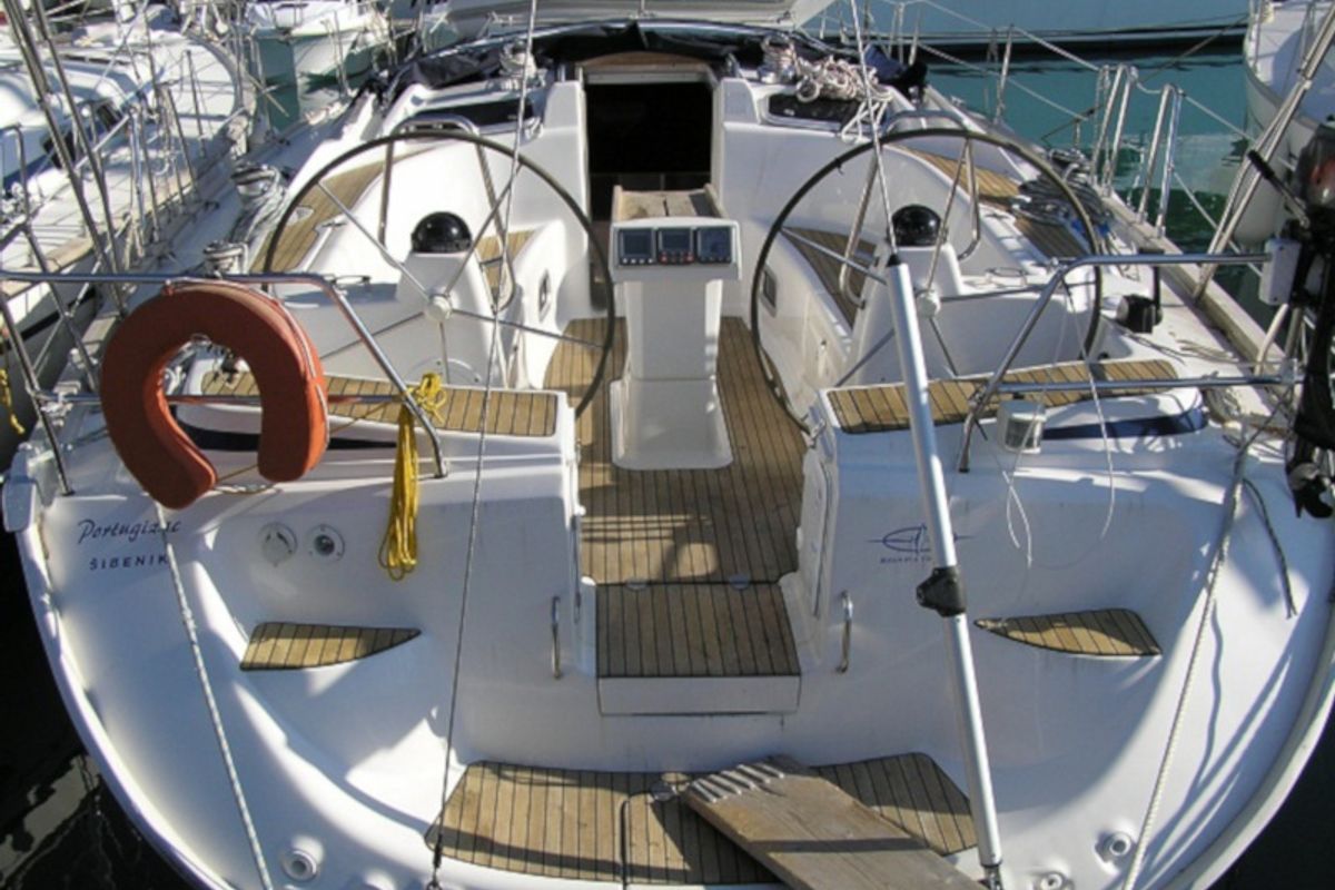 Cockpit of Portugizac, a Bavaria 50 sailboat at Grad Trogir, Croatia