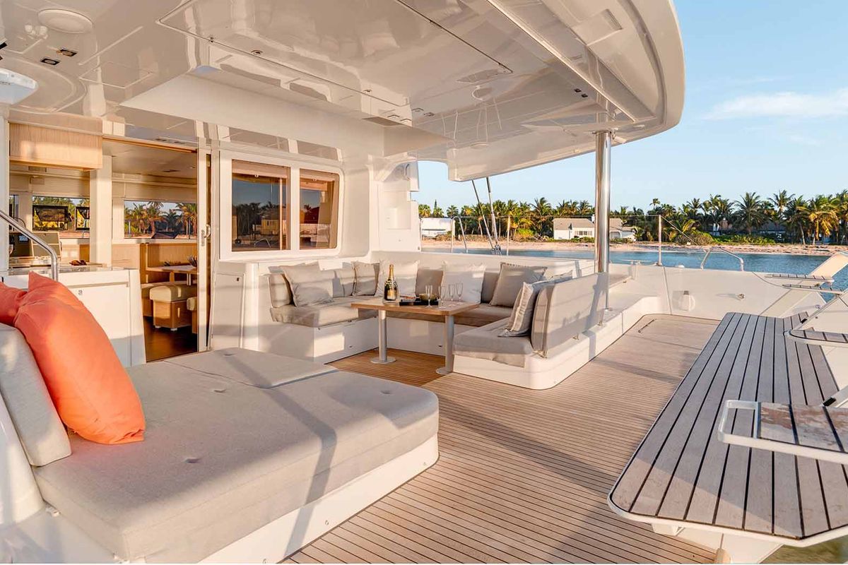 Exterior view of Queen of Hearts, a Lagoon 52 catamaran at Athens, Greece