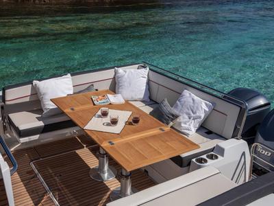 Deck of 272679 ZD, a Jeanneau Cap Camarat 10.5 WA motorboat at Zadar, Croatia