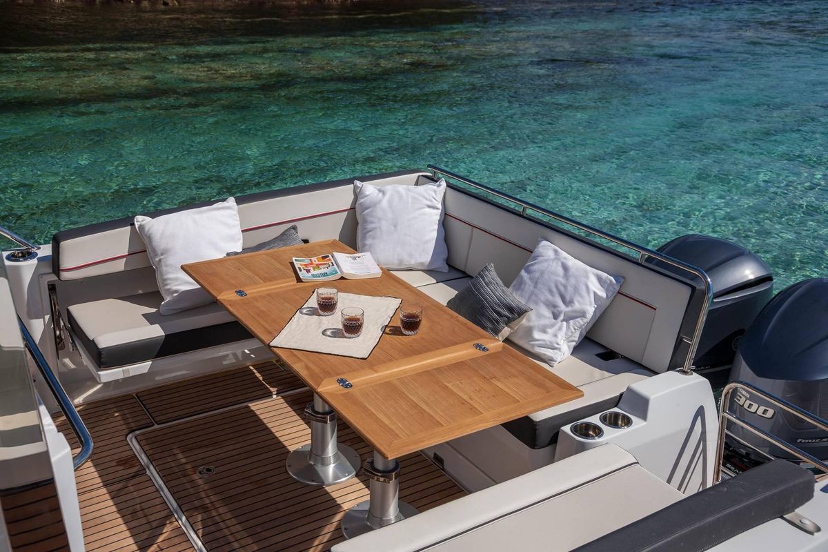 Deck of 272679 ZD, a Jeanneau Cap Camarat 10.5 WA motorboat at Zadar, Croatia