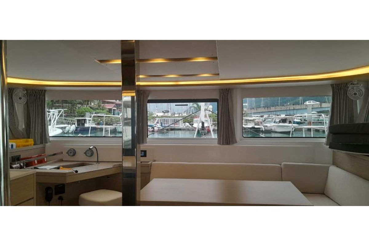 Salon of Venus, a Lagoon 46 catamaran at Eden Island Marina, Seychelles