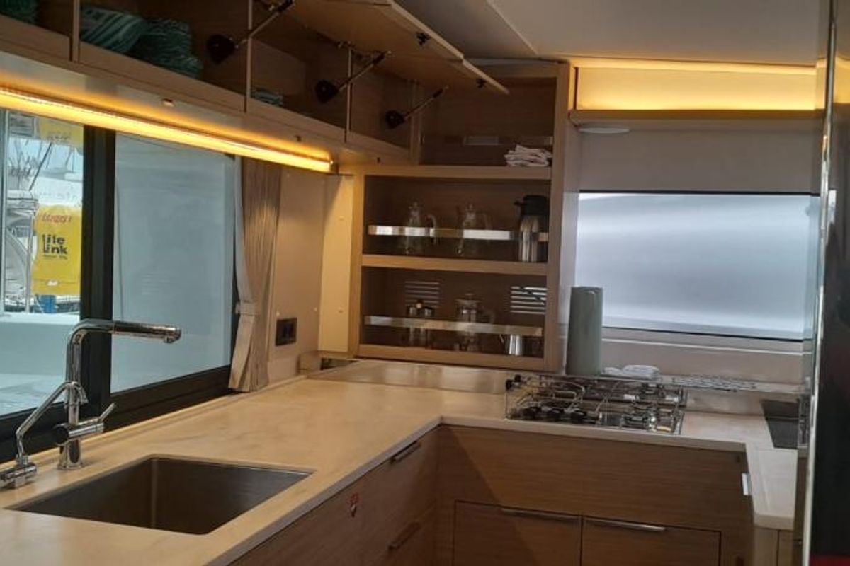 Galley of Venus, a Lagoon 46 catamaran at Eden Island Marina, Seychelles