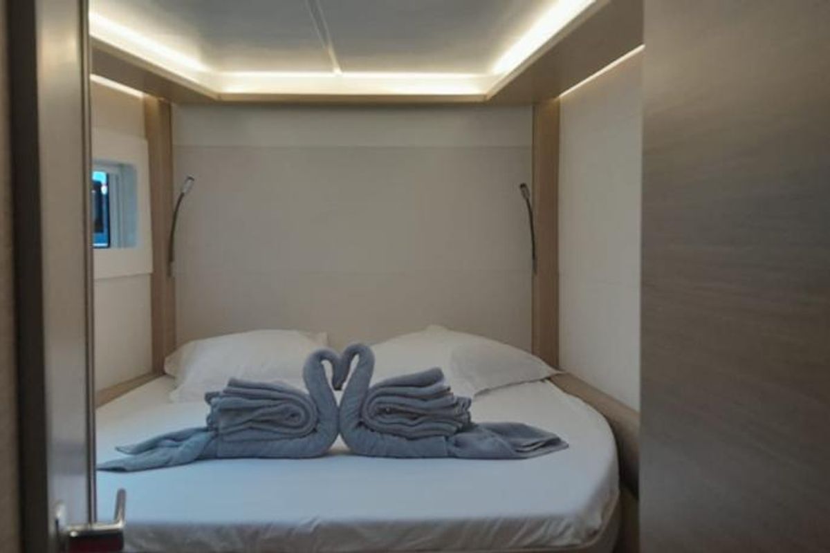 Cabin on Venus, a Lagoon 46 catamaran at Eden Island Marina, Seychelles