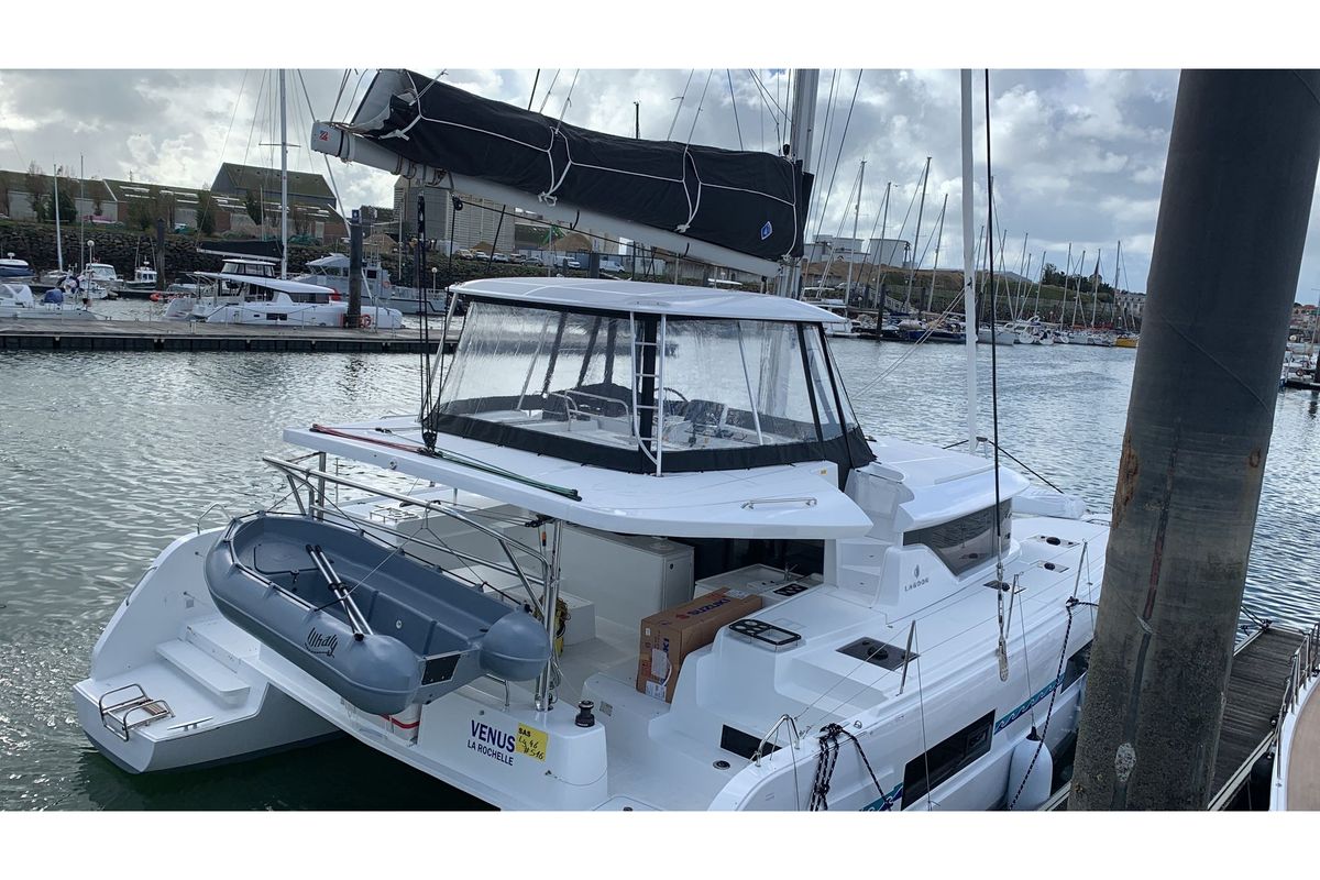 Exterior view of Venus, a Lagoon 46 catamaran at Eden Island Marina, Seychelles