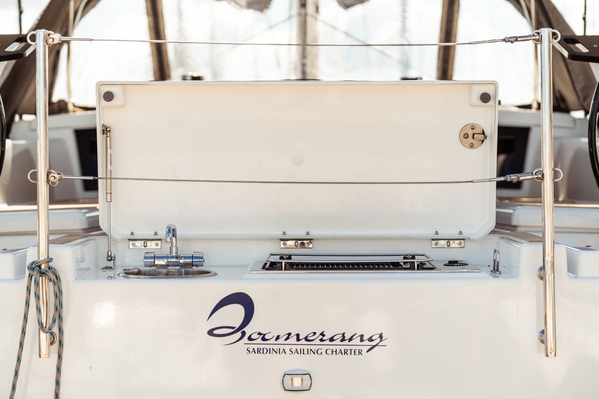 Exterior view of Mahsa, a Dufour 41 sailboat at Olbia, Italy