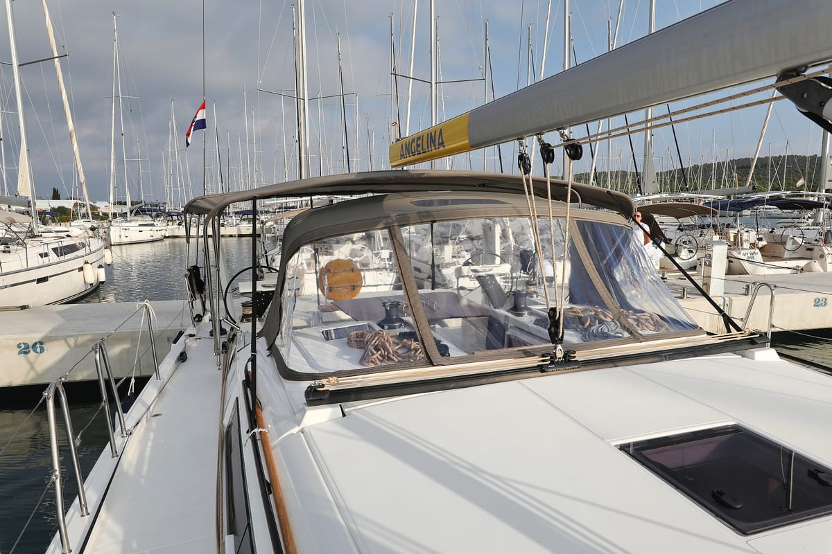 Exterior view of Polar Flow, a Dufour 470 sailboat at Primošten, Croatia