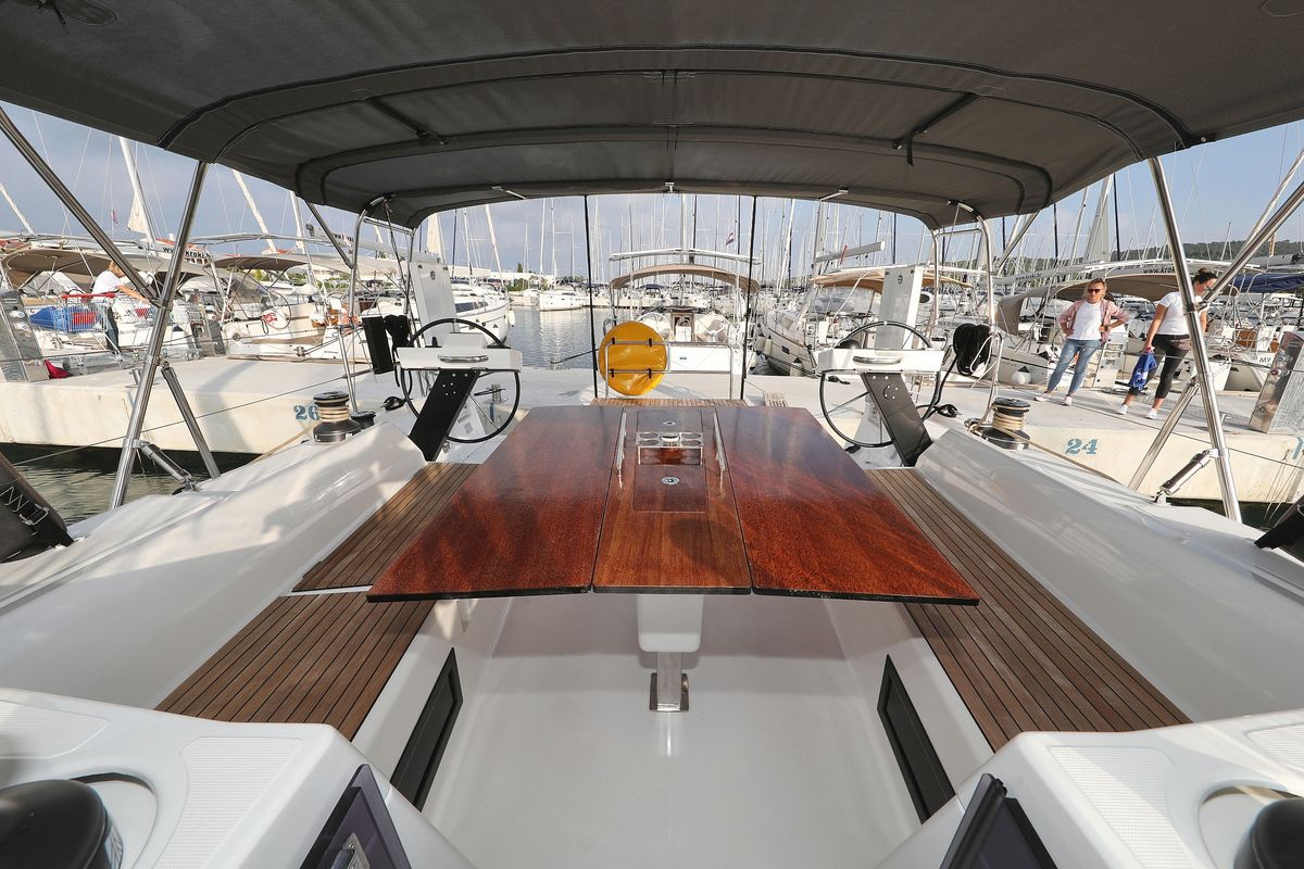 Deck of Polar Flow, a Dufour 470 sailboat at Primošten, Croatia