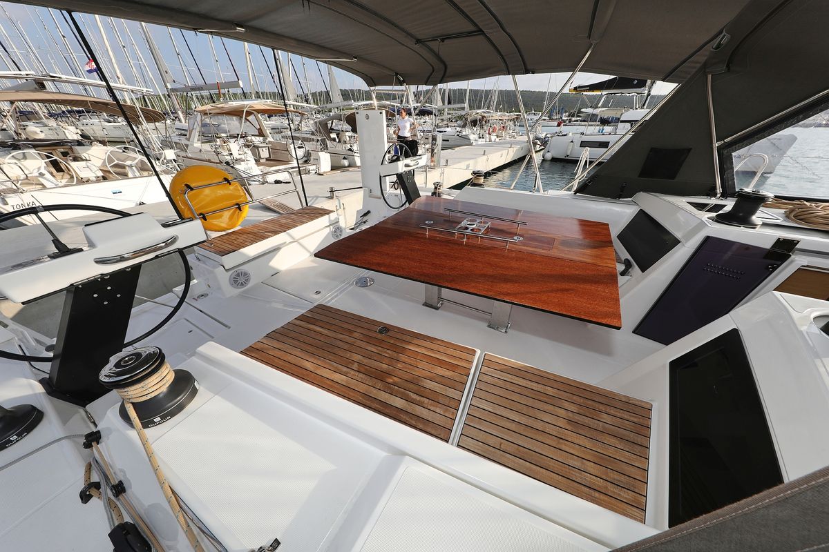 Deck of Polar Flow, a Dufour 470 sailboat at Primošten, Croatia