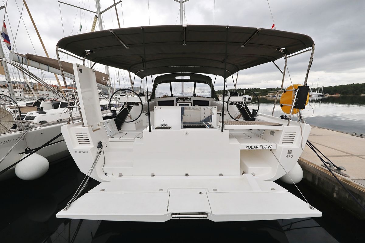 Exterior view of Polar Flow, a Dufour 470 sailboat at Primošten, Croatia