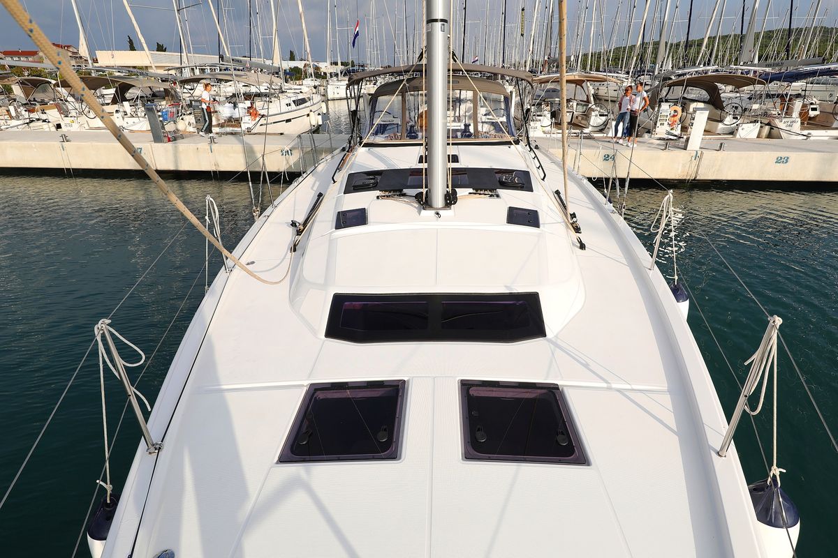 Deck of Polar Flow, a Dufour 470 sailboat at Primošten, Croatia